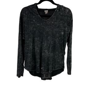 American Age Hooded Top Medium Gray Long Sleeve V-Neck Lace Back Detail Grunge